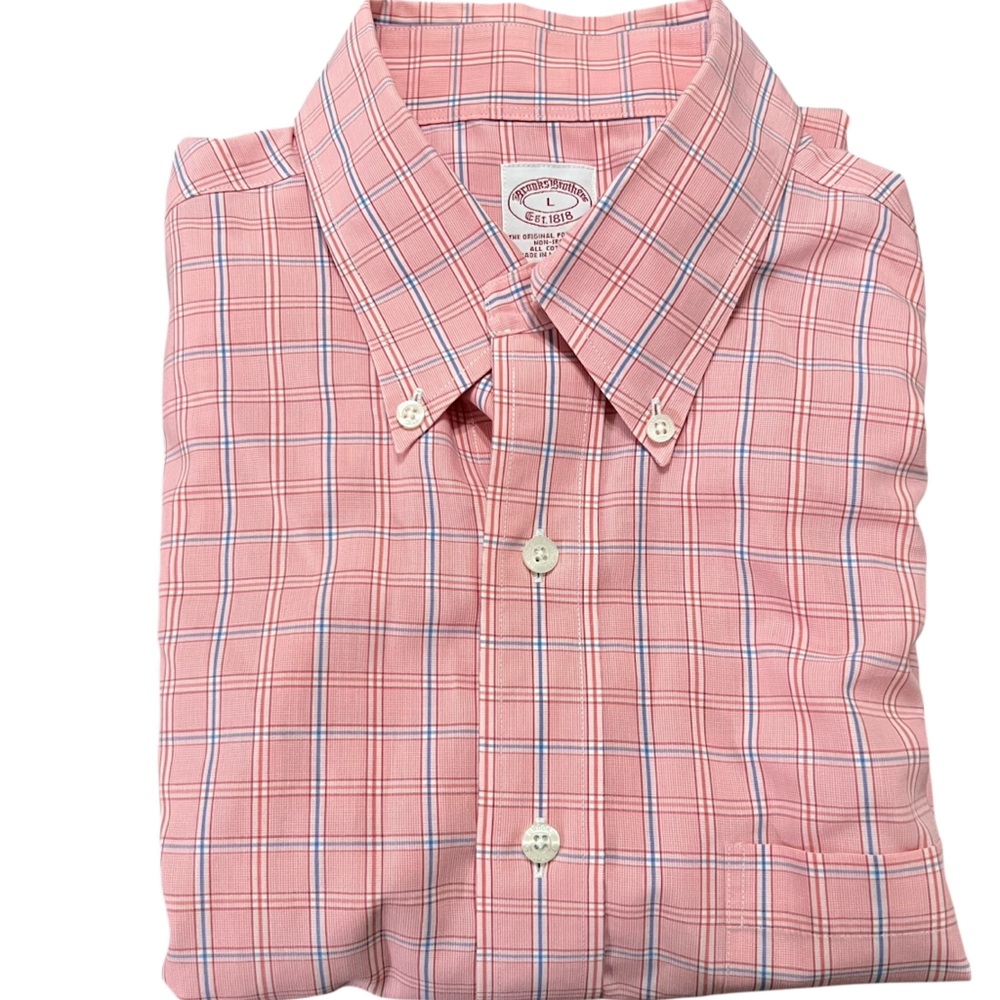 BROOKS BROTHERS PINK CORAL BLUE PLAID COTTON SHORT SLEEVE BUTTON DOWN SHIRT L